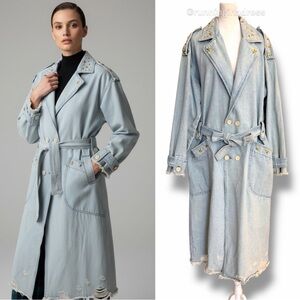 Lola Jeans Avery-Bo Star-Studded Denim Trench Coat Oversized Boyfriend Fit Small